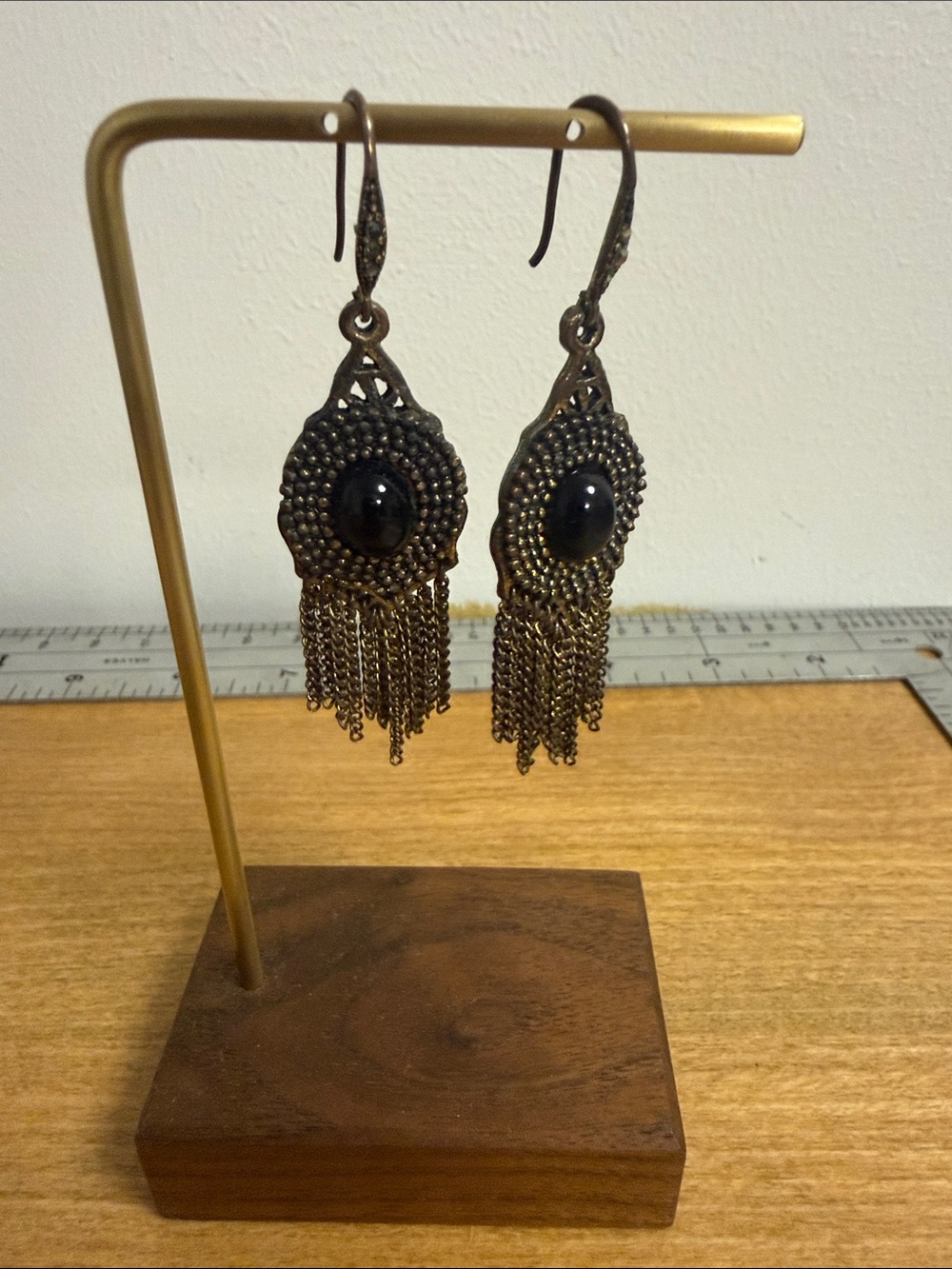 Bronze tone black cabochon accent statement earrings metallic tassel spooky goth